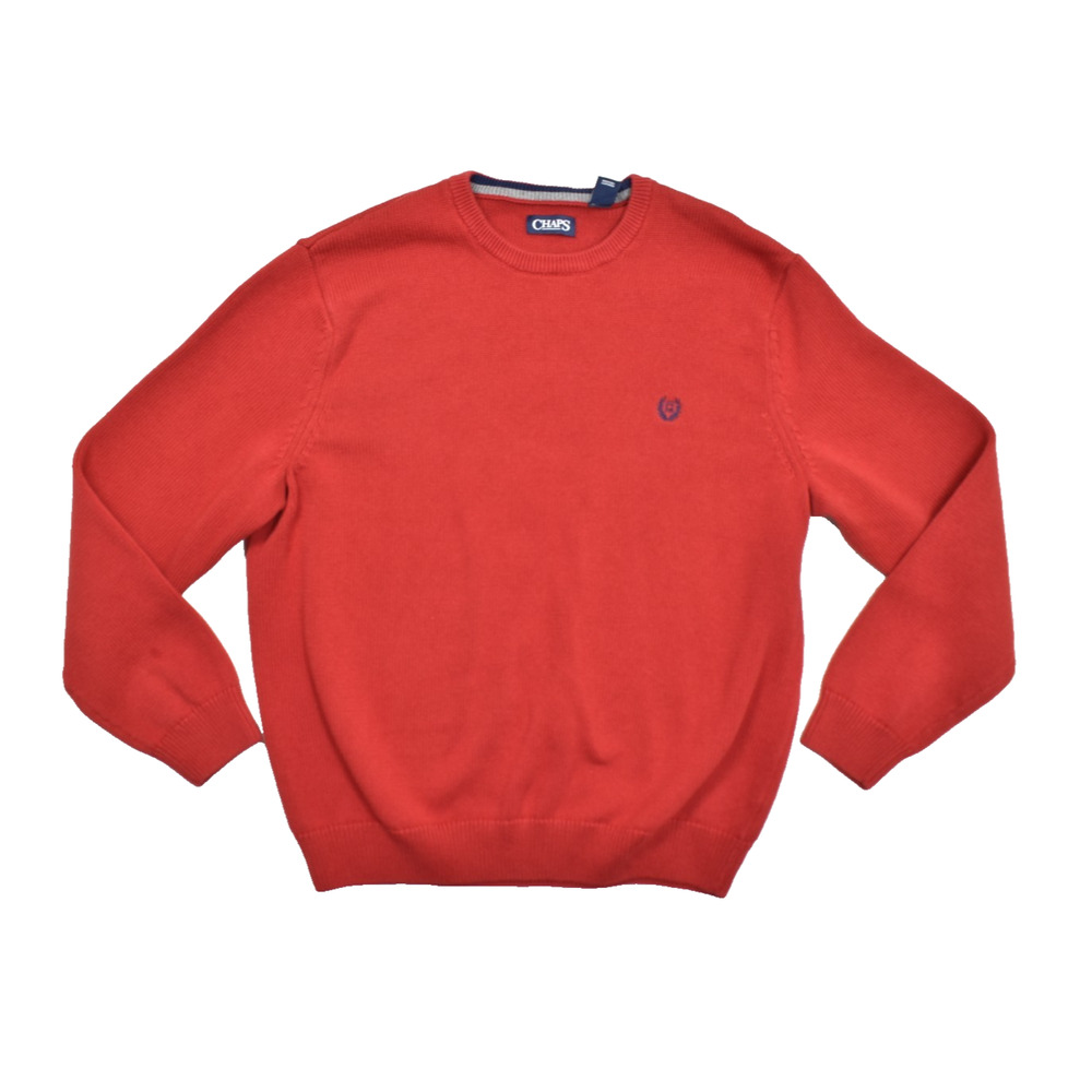 Chaps Men's Sweater XXL Red Cotton Crew Neck Long Sleeve Pullover Logo Knit